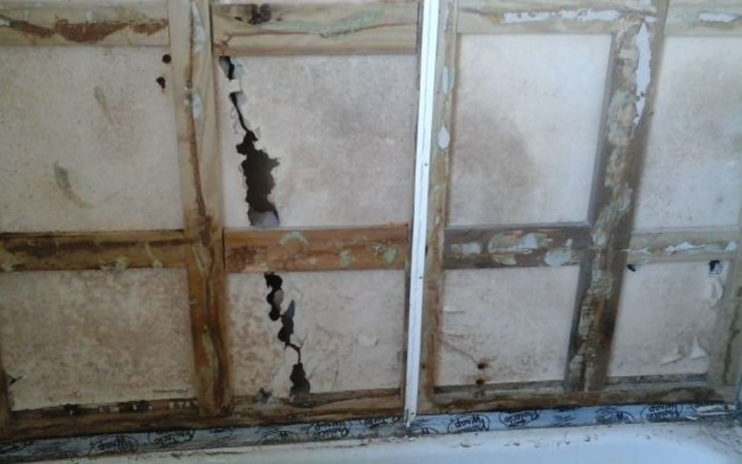 The bathroom wall before contractors put up the white plastic sheet.