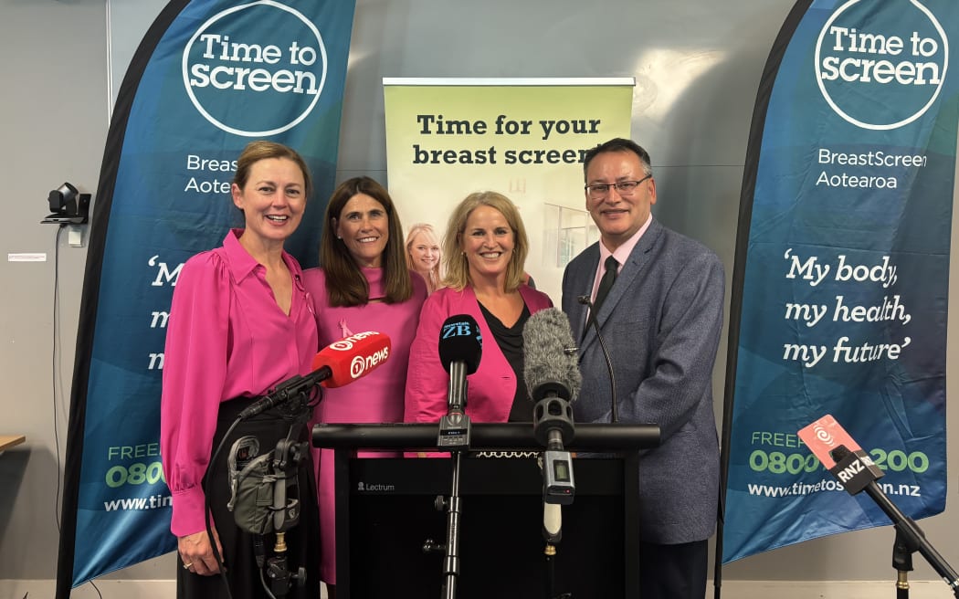 Health Minister Dr Shane Reti at the announcement on breast cancer screening for women over 70. He is with Acting Minister for Women Louise Upston (third left) and the Breast Cancer Foundation chair Justine Smyth (second left).
