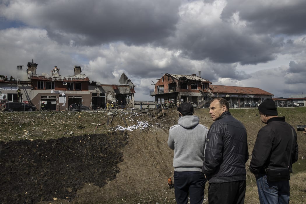 A view of damage after five aimed missile strikes hit Lviv, Ukraine on April 18, 2022.