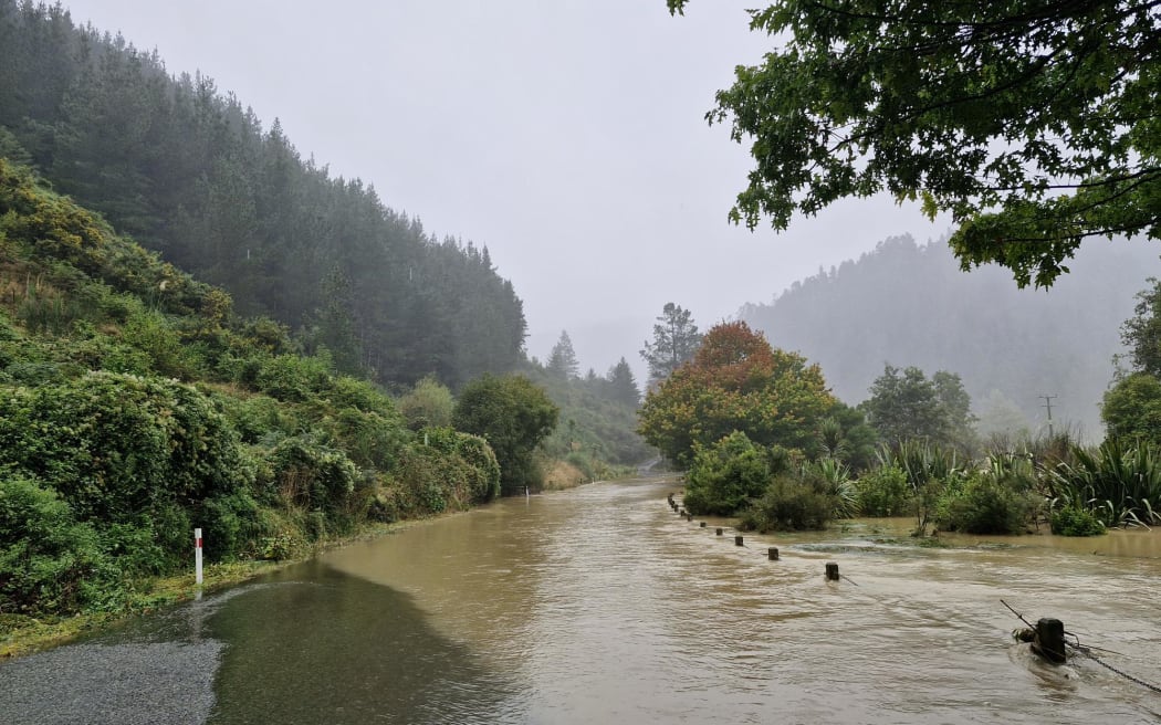 Flooding across Maitai Valley Road April 2025.