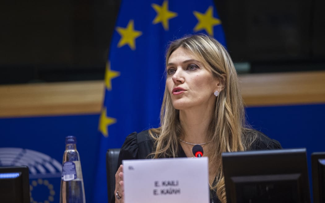(File photo) A handout photo taken and released on 7 December, 2022 by European Parliament, Greek politician and European Parliament vice-president Eva Kaili speaks during the European Book Prize award ceremony in Brussels.