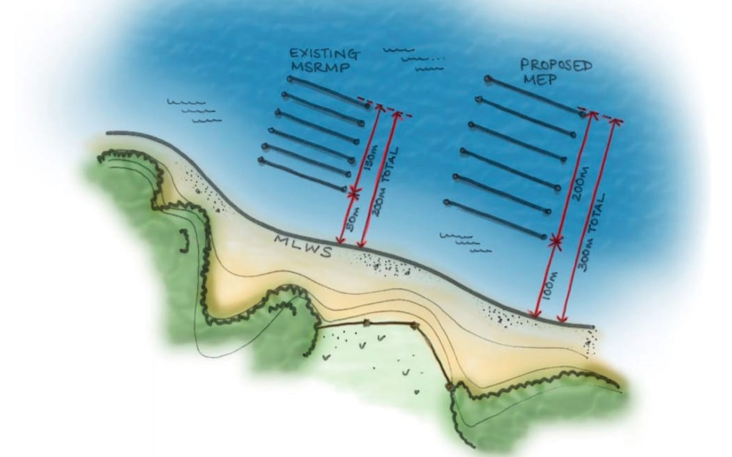 An artist’s impression shows the proposed new rules, right, will force some mussel farms further into the Marlborough Sounds.