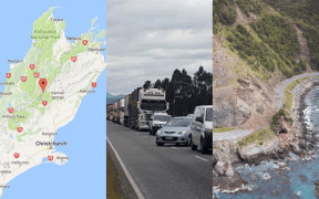 Left to right: Lewis Pass, traffic on the Lewis Pass following the earthquakes, a landslip on State Highway 1 near Kaikōura