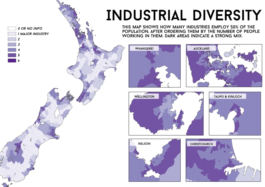 A map showing how many industries employ 50 per cent of the population after ordering them by the number of people working in them