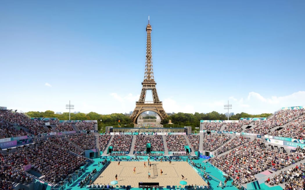 A temporary stadium next to the Eiffel Tower will host the Olympics beach volleyball tournament.