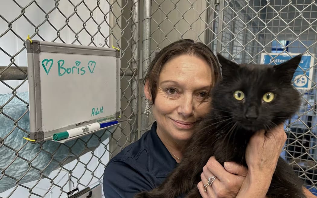 Boris and SPCA Nelson staff member Carmen Torrance. Boris was the last animal to be returned after a burglary of the premises in February when animals were set free.