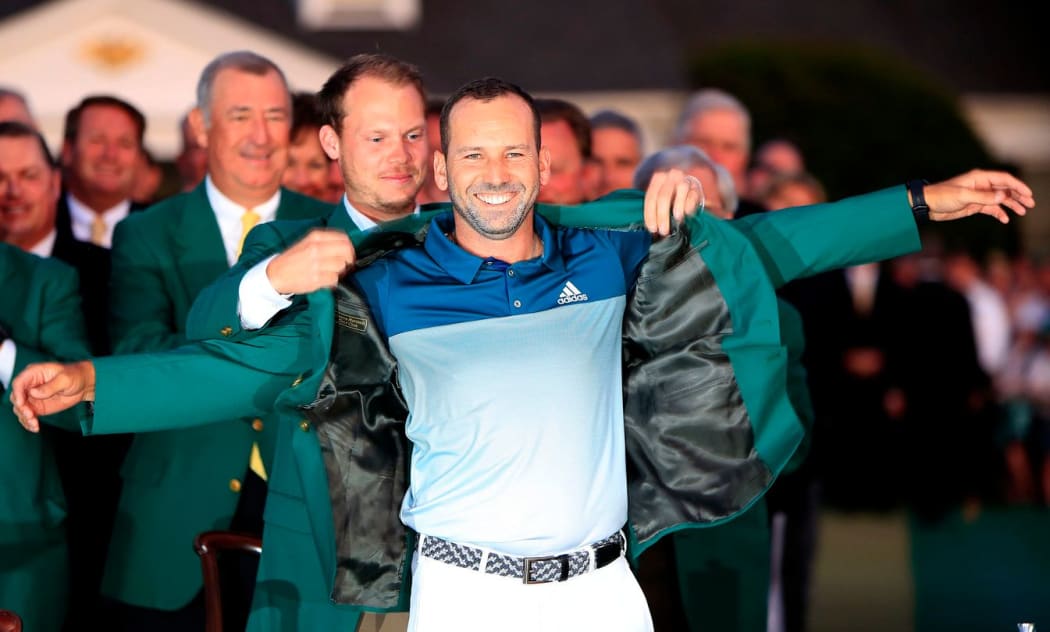 Sergio Garcia is presented with his Green Jacket.