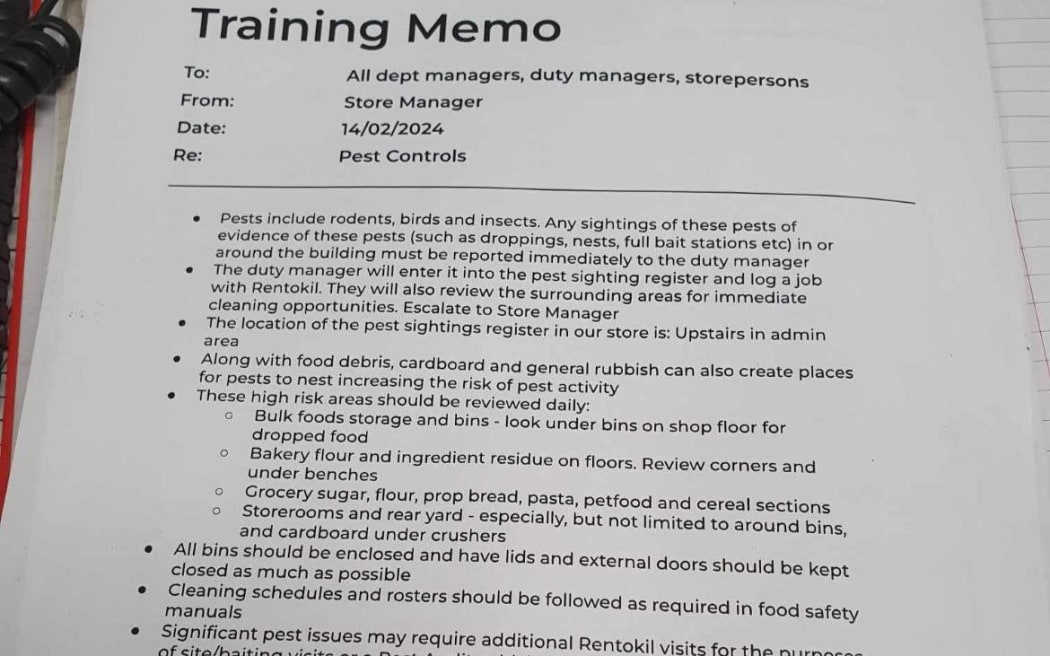 Woolworths has issued an internal memo instructing staff to report any in-store sightings or evidence of rodents, birds or insects to their duty manager. The document leaked to RNZ stated cleanliness and pest control review would be carried out next week.