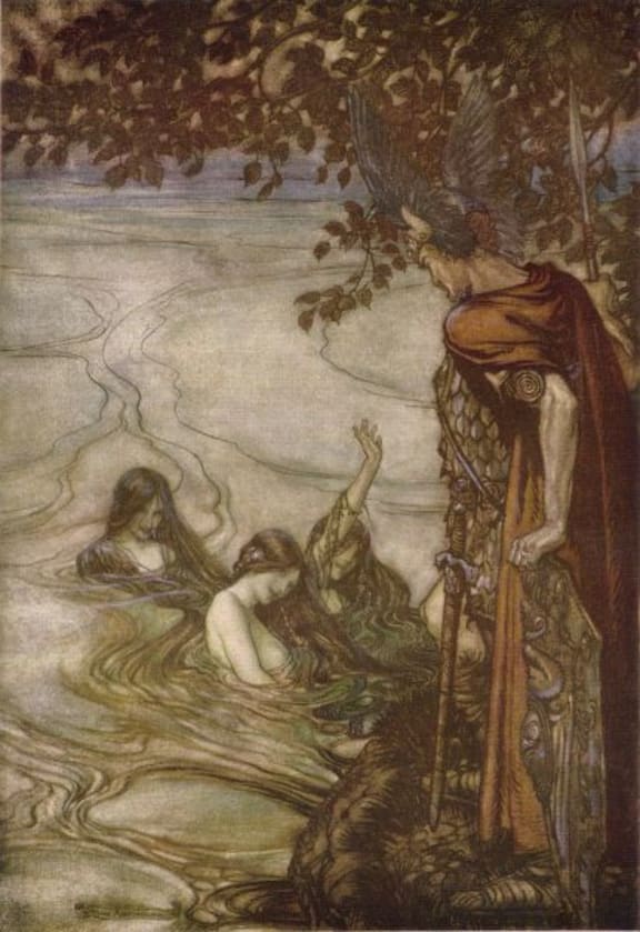 Rhine maidens warn Siegfried, by Arthur Rackham, 1912