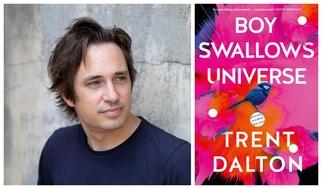 Trent Dalton and the cover of his book "Boy Swallows Universe"