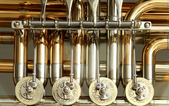 Close up of the valves of a tuba