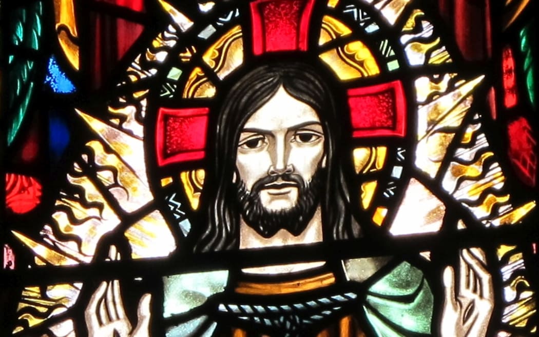 Stained glass image of risen Christ at St Luke's Church, Remuera, Auckland.