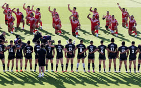 The cultural challenge during New Zealand Kiwis v Tonga XIII, round 3 of the Pacific Championships at Eden Park, Auckland.