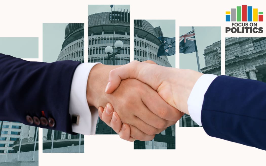 Collage of a hand shake and the Beehive.