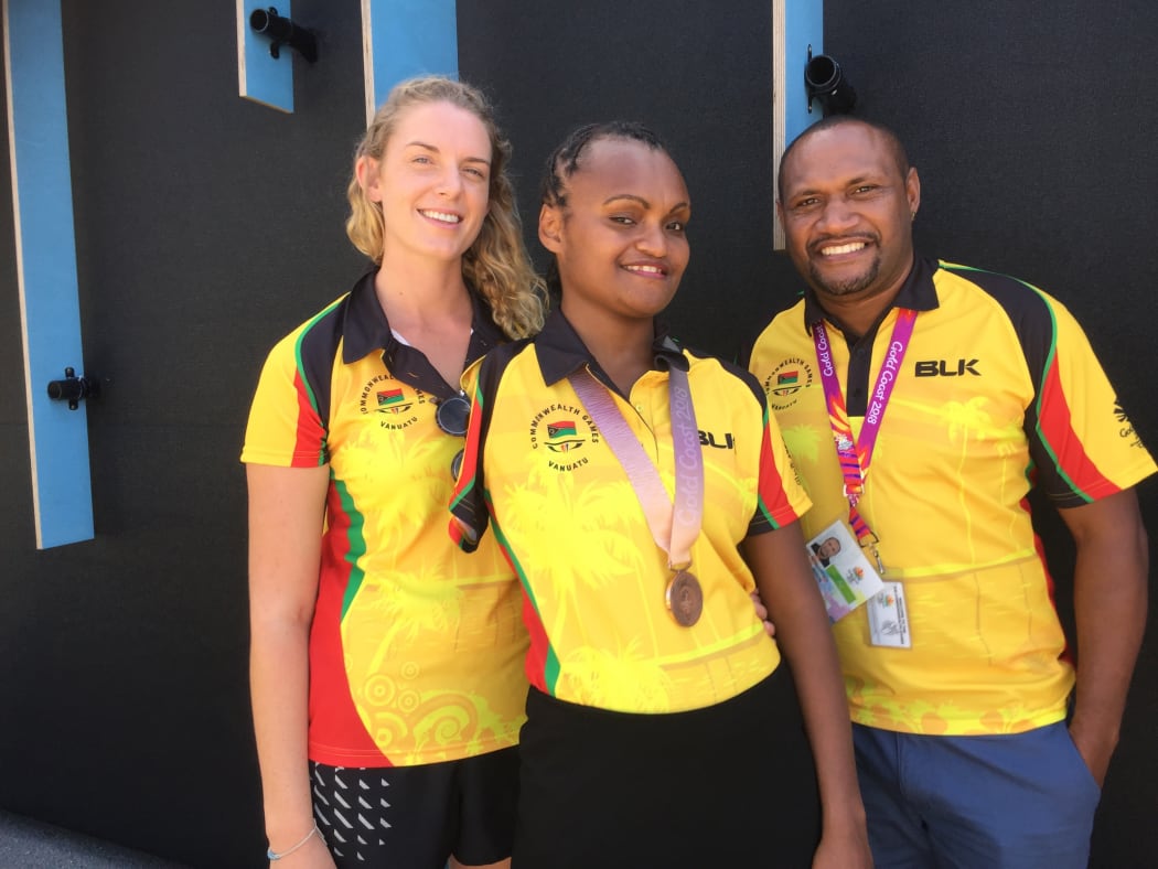 Coach Jessica Richardson, Friana Kwevira and Chef de Mission Mike Masaufakolo