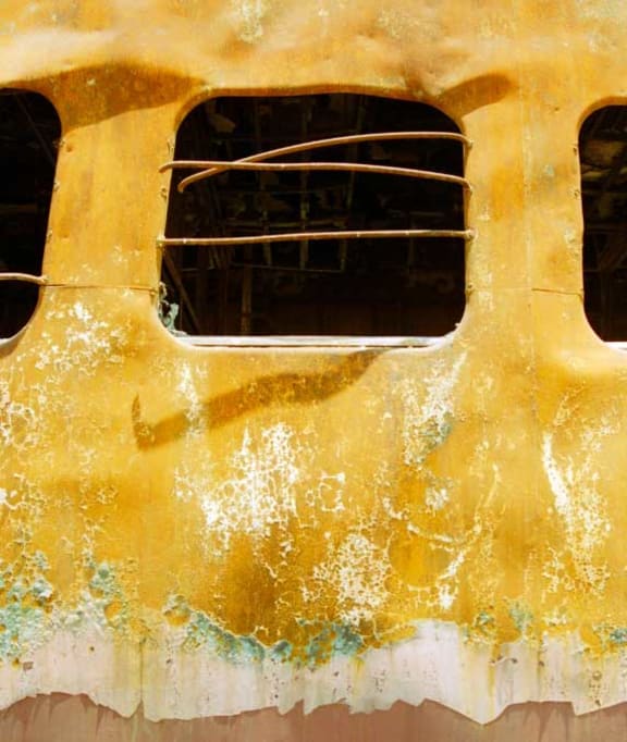Burnt train carriage at Godhra, Gujarat 2003.