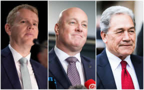 Labour Party leader Chris Hipkins, National Party leader Christopher Luxon and New Zealand First leader Winston Peters.