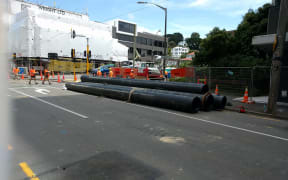 Pipes being assembled at Willis St to be joined into a new sewer main.