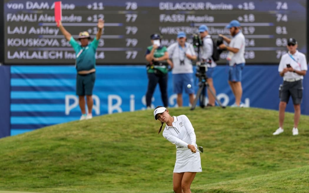 New Zealand's Lydia Ko competes during round 3 of the women’s golf individual stroke play of the Paris 2024 Olympic Games at Le Golf National in Guyancourt, south-west of Paris on August 9, 2024. (Photo by Pierre-Philippe MARCOU / AFP)