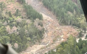 Flood damage as seen from the sky over Tokomaru Bay around the Mangahauini river.