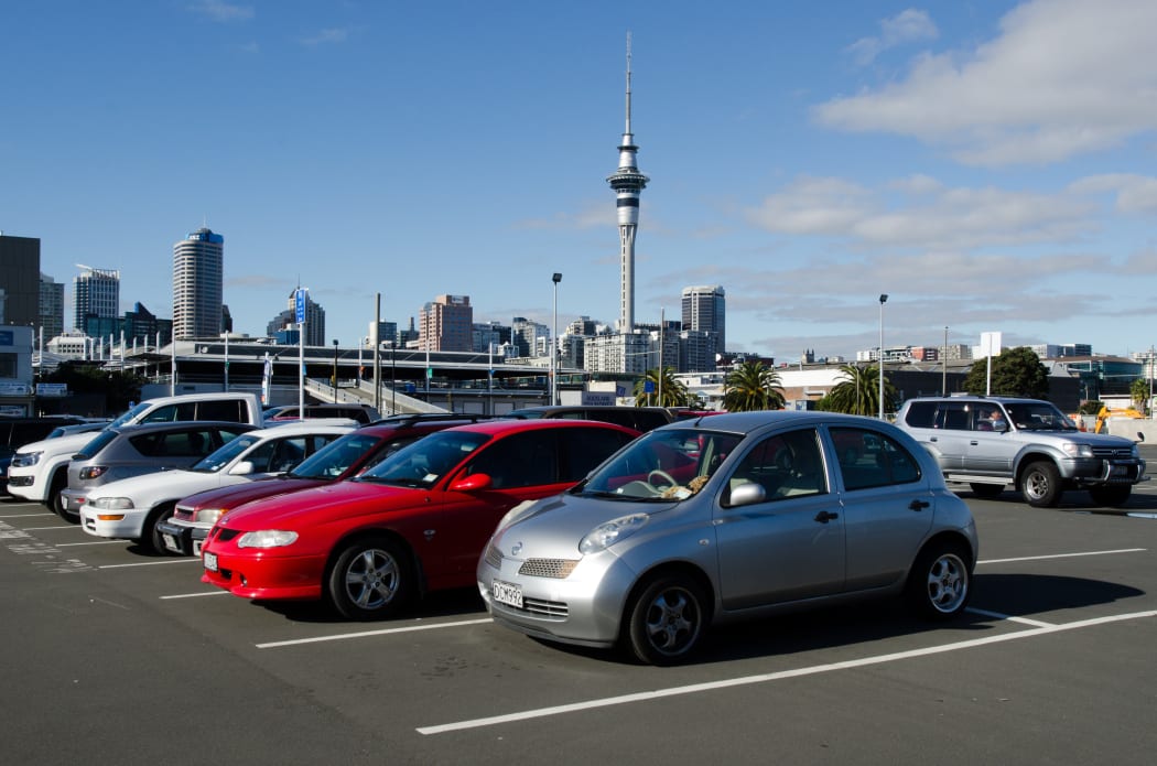 Carparks in Auckland, with the Sky Tower in the background.
