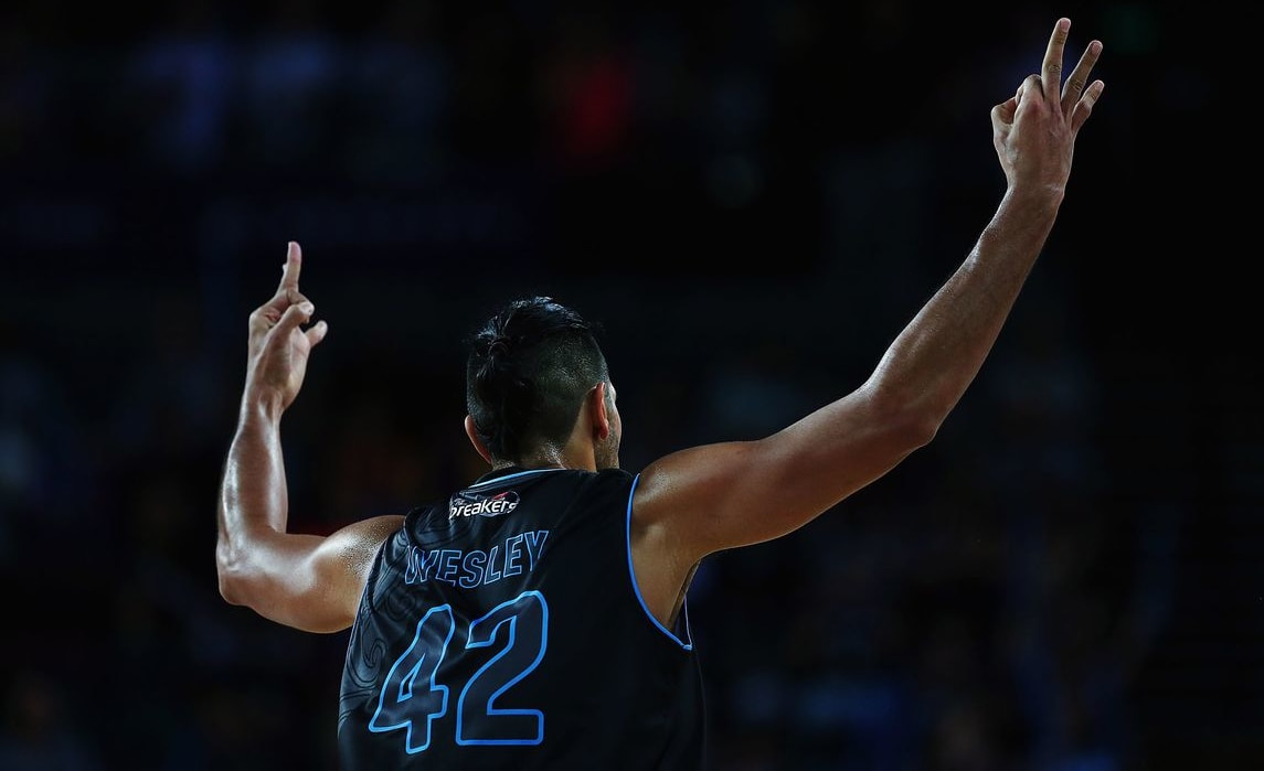Tai Wesley celebrates a three pointer against the Sydney Kings, Vector Arena, Auckland, Friday 11 December 2015. Photo: Anthony Au-Yeung / www.photosport.nz
