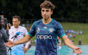 Sam Sutton of the Phoenix reacts after the final whistle as the Phoenix draw with Sydney FC in 2022.