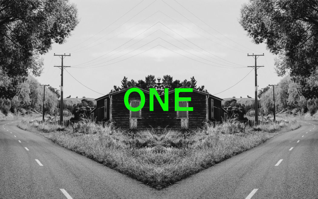 Podcast episode image for the 'Mr Lyttle Meets Mr Big' podcast. A moody black and white photograph of a rural house and road is mirrored vertically creating a Rorschach like effect with the episode number 'ONE' overlaid in vibrant green.