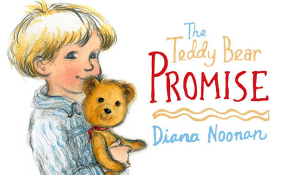 Book cover for "The Teddy Bear Promise". A drawing of a young boy, smiling as he holds a yellow, happy-looking teddy bear.