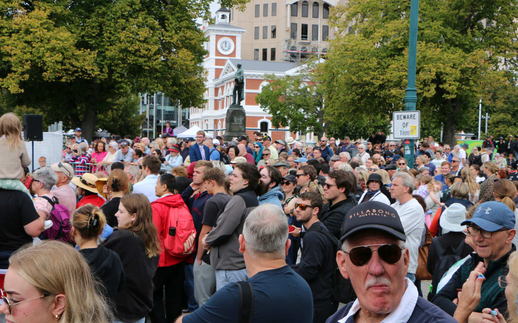 A crowd gathers in Christchurch to greet Princess Anne.