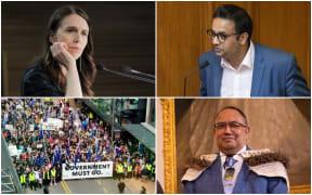 Top: Jacinda Ardern and Gaurav Sharma; below: Protesters marching to Parliament, and new Speaker Adrian Rurawhe.