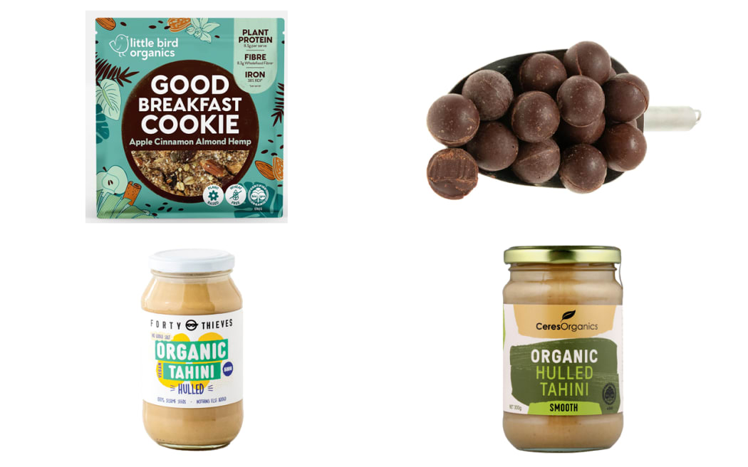 Pictured are some of the recalled products, including Little Bird Organics brand Good Breakfast Cookie Apple Cinnamon Almond Hemp, GoodFor brand Sugar Free Spheres, Ceres Organics brand Organic Hulled Tahini, Forty Thieves brand Organic Tahini Hulled.