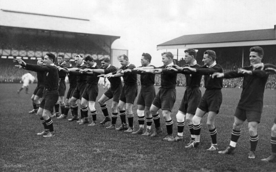 The 1924 Invincibles perform the haka at Twickenham Stadium in London.