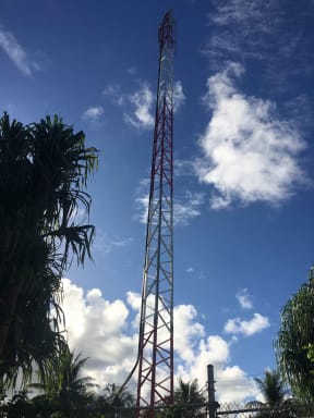 In March 2017, a cell phone communications tower collapsed in Majuro, hitting a truck and its occupants who were driving by. The tower was replaced with this new 80-foot communications tower later in 2017 by the National Telecommunications Authority.