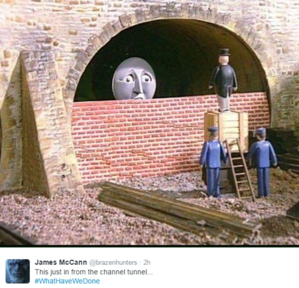 Thomas the tank engine hits a wall at the end of the Channel Tunnel.