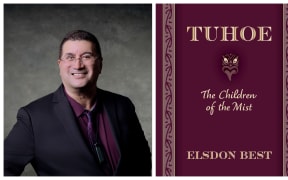 Head and shoulders shot of a man wearing glasses and a second image of a plan burgundy book cover with the words: Tuhoe, The children of the mist by Elsdon Best