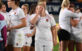 Dejected England players after the women's Rugby World Cup final against New Zealand, Eden Park 2022.