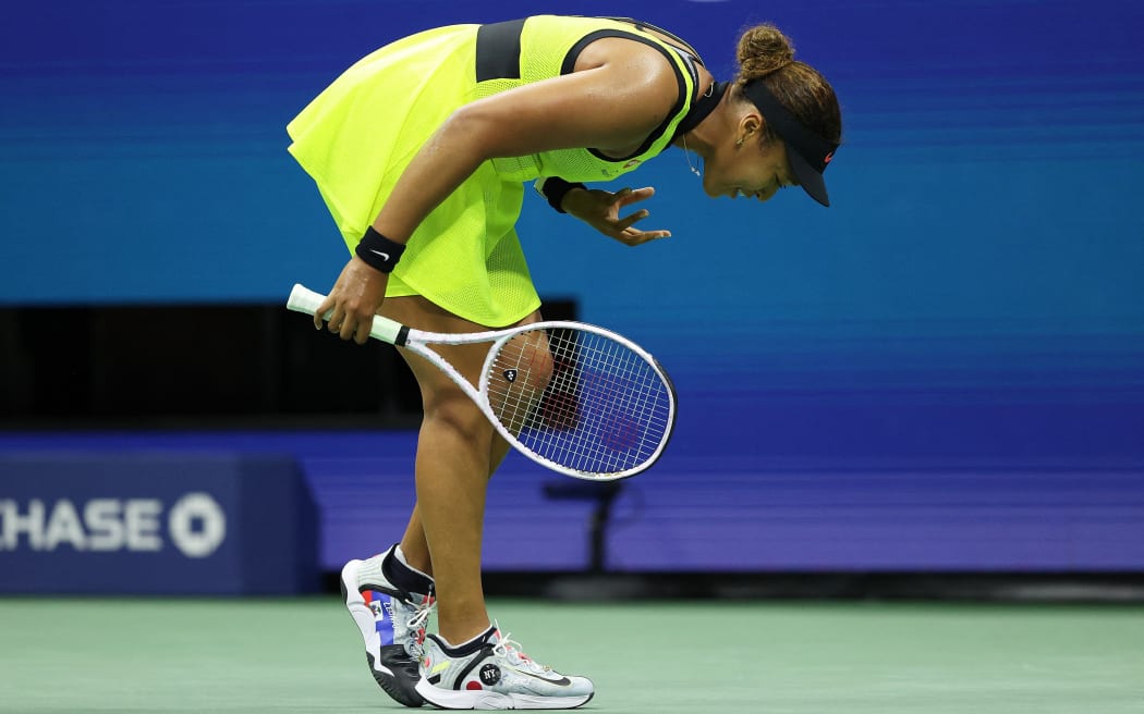 Naomi Osaka of Japan reacts to a lost point during a tie break against Leylah Fernandez of Canada during her Women's Singles third round match on Day Five at USTA Billie Jean King National Tennis Center on September 03, 2021 in New York City.