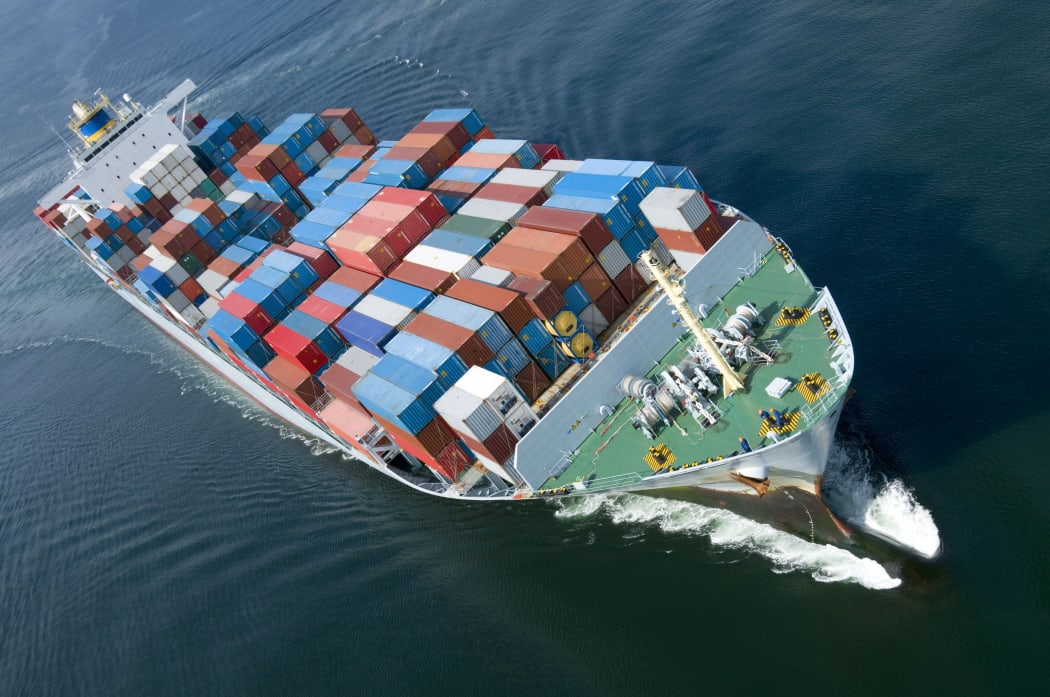 An aerial view of a container ship carrying exports (file)