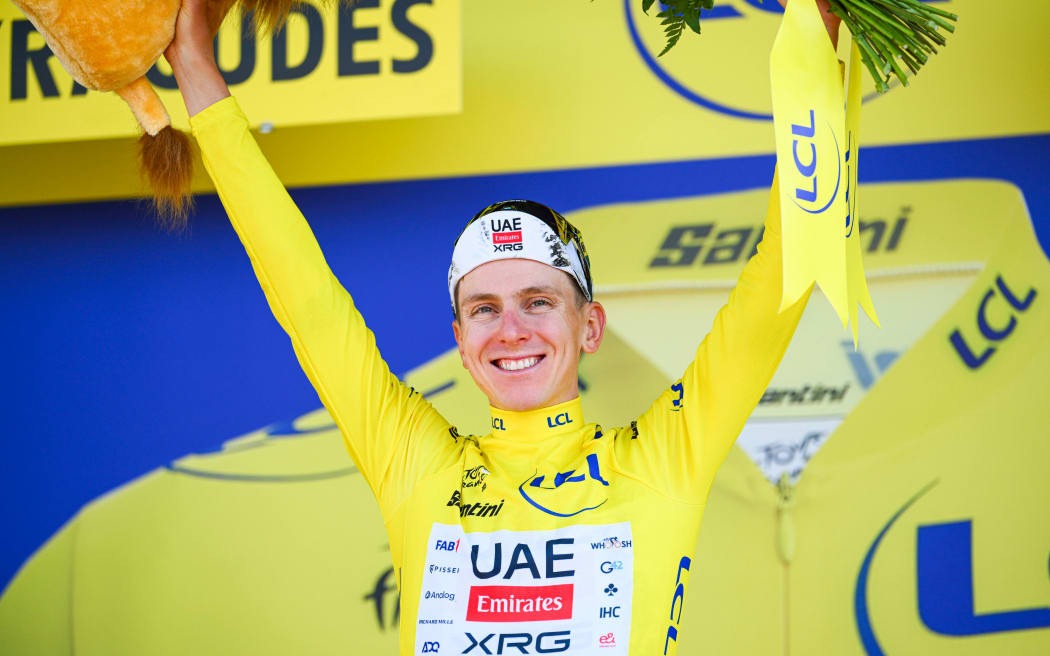 PEYRAGUDES, FRANCE - JULY 18 : Pogacar Tadej (SLO) of UAE Team Emirates - XRG on the podium with the yellow jersey during stage 13 of the 112th edition of Tour de France an UCI World Tour 2.UWT Individual Time Trial stage for Men Elite of 11 km with start in Loudenvielle and finish in Peyragudes on July 18, 2025 in Peyragudes, France, 18/07/2025 ( Motordriver Kenny Verfaillie - Photo by Vincent Kalut / Photonews
