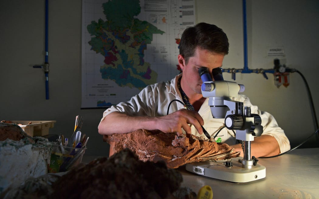 Paleontologist Rodrigo Temp Muller examines a dinosaur fossil from the Triassic period at CAPPA, a Brazilian research support centre for paleontology in Sao Joao do Polesine, Brazil, on December 2, 2019. In 2014, the paleontology team at CAPPA announced the discovery of one of the world’s most complete fossils of the Gnathovorax Cabreirai, a 230-million-year-old carnivorous dinosaur, one of the oldest predators. Since floods and other natural disasters occurred millions of years ago buried and preserved the fossils, more important Triassic fossils could be discovered in the centre of Rio Grande do Sul state. (Photo by CARL DE SOUZA / AFP)