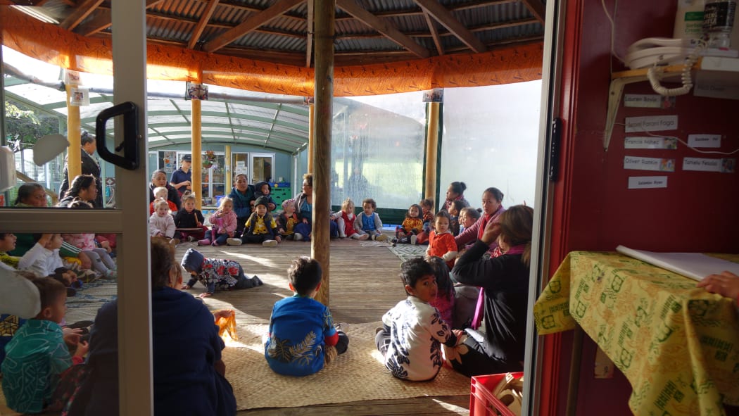 Children and teachers in the fale at the A’oga Fa’a Samoa in Grey Lynn.