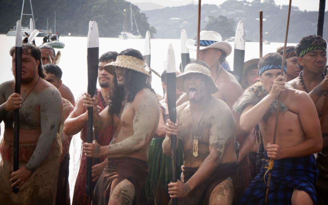 Waka arriving at Te Tii Beach, at Waitangi, during commemorations on 6 February 2026.