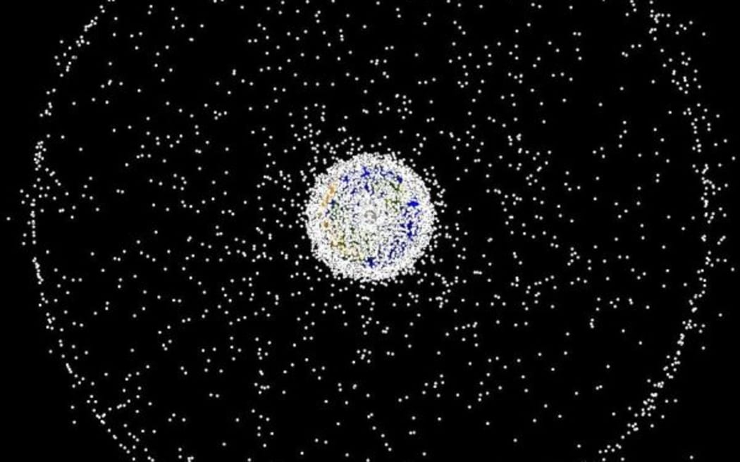 Space debris around Earth from a top-down view