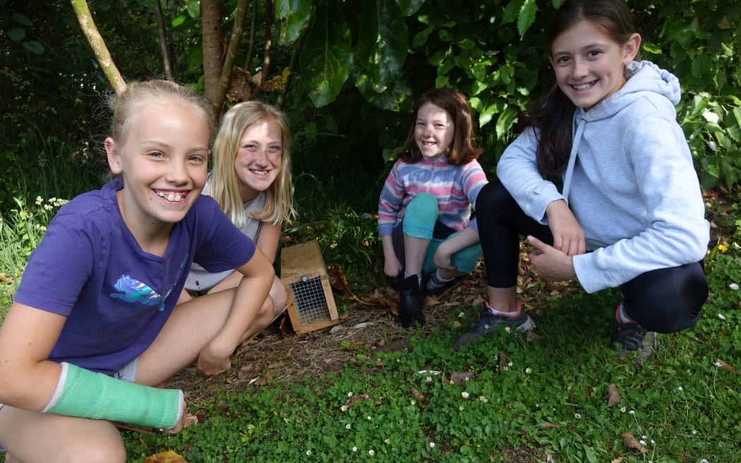 Oakura School trappers, from left, Imogen Webber, 10, Alex Juffermans, 11, Samantha Bentall, 9, and Hannah Dixon 11.