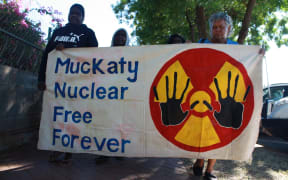 Protesters rally against the placement of a nuclear waste dump at Muckaty Station (AAP Image/Neda Vanovac) EDITORIAL USE ONLY, NO ARCHIVING