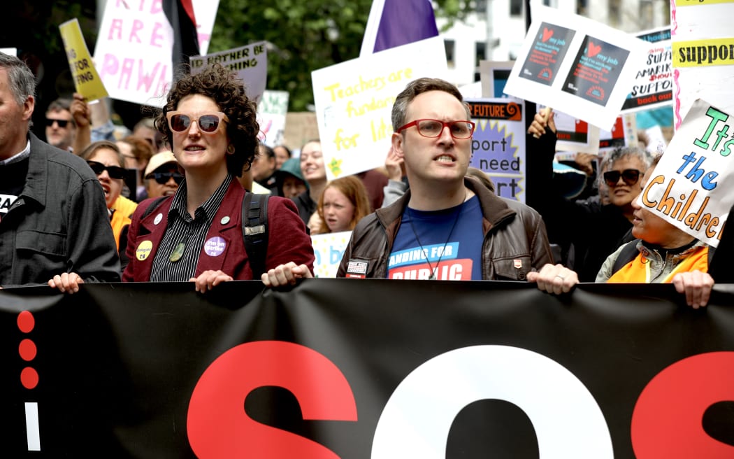 People taking part in the mega strike march through Central Auckland on Thursday.