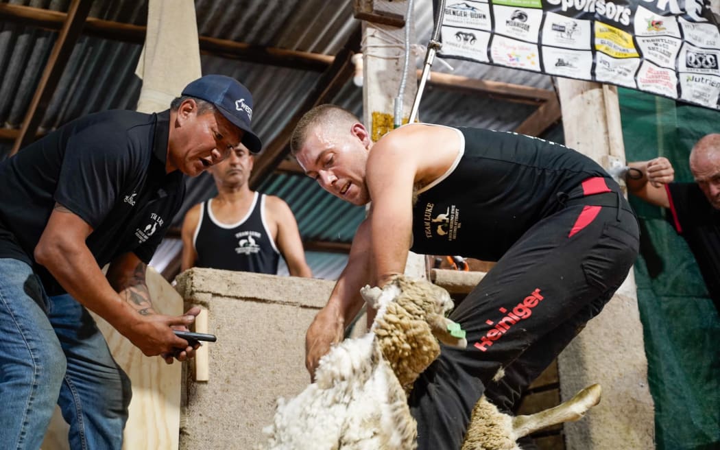 Luke Vernon on the shearing stand with mentor MJ Terry, left, became the first person to shear 500 merino ewes in an eight-hour solo record attempt.