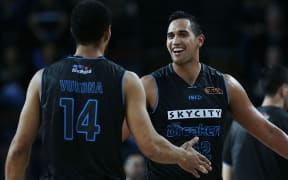 Tai Wesley of the Breakers celebrates with teammate Mika Vukona.