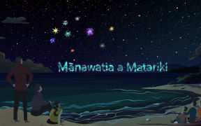 An illustartion of the Matariki star cluster with the words 'Manawatia a Matariki'.
